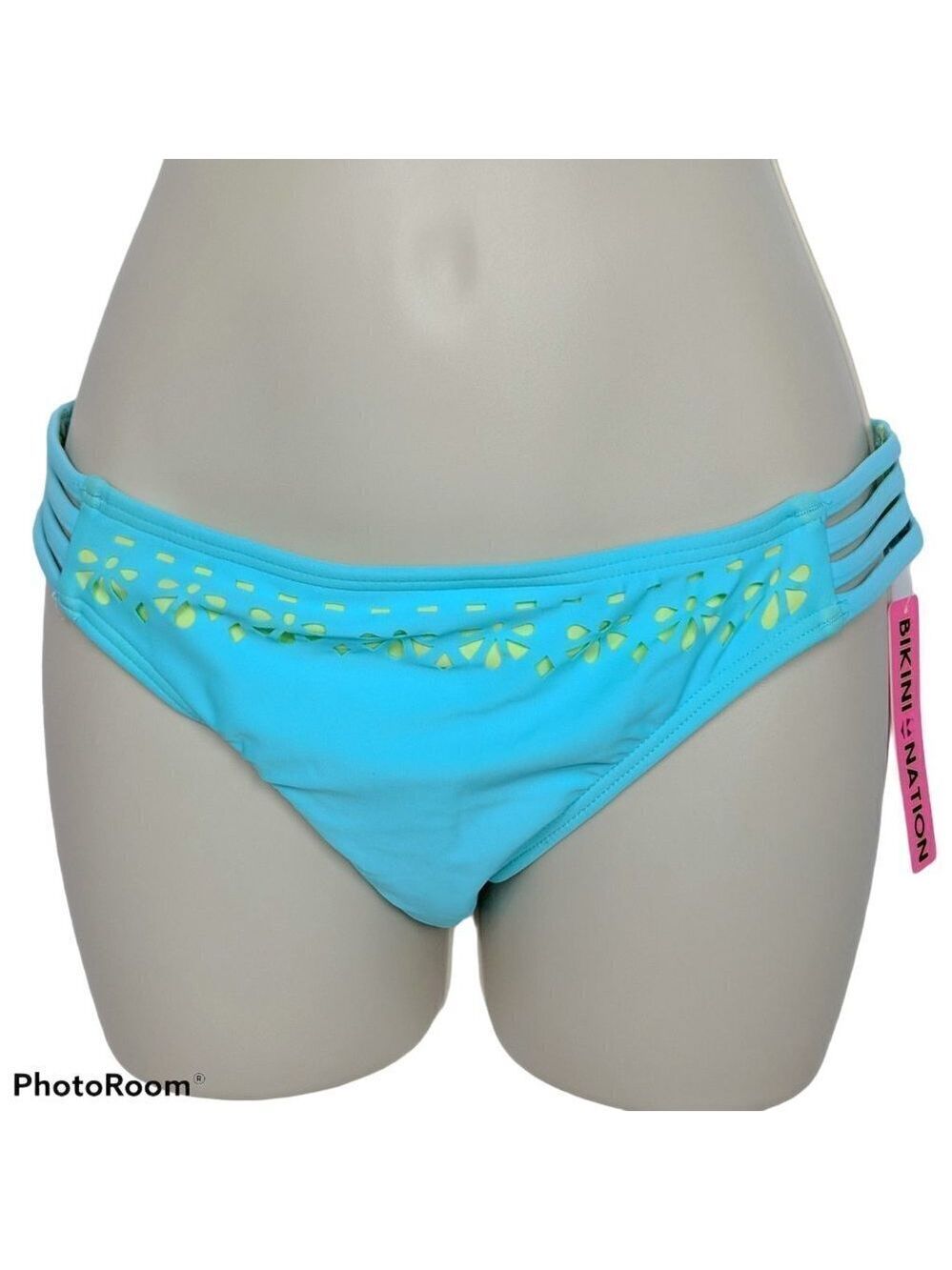 Bikini Nation Blue Green Laser Cutout Hipster Bikini Medium